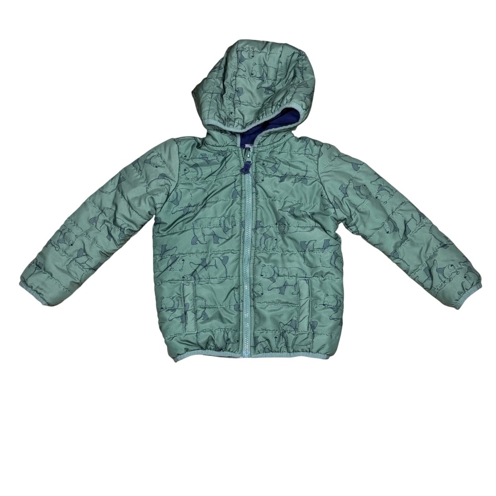 Boys 4T Hooded Puffer Jacket Green w/ Fleece Lined Polar Bear Carter's Full Zip